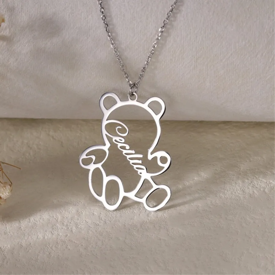 Authentic Custom Personalized Bear Outline Necklace For Women Personalized Animal Pendant Stainless Steel Name Necklaces Customized Gift