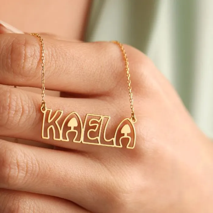 Authentic Cute Hollow Outline Name Necklaces For Women Gold Color Stainless Steel Nameplate Choker Necklaces Wedding Jewelry