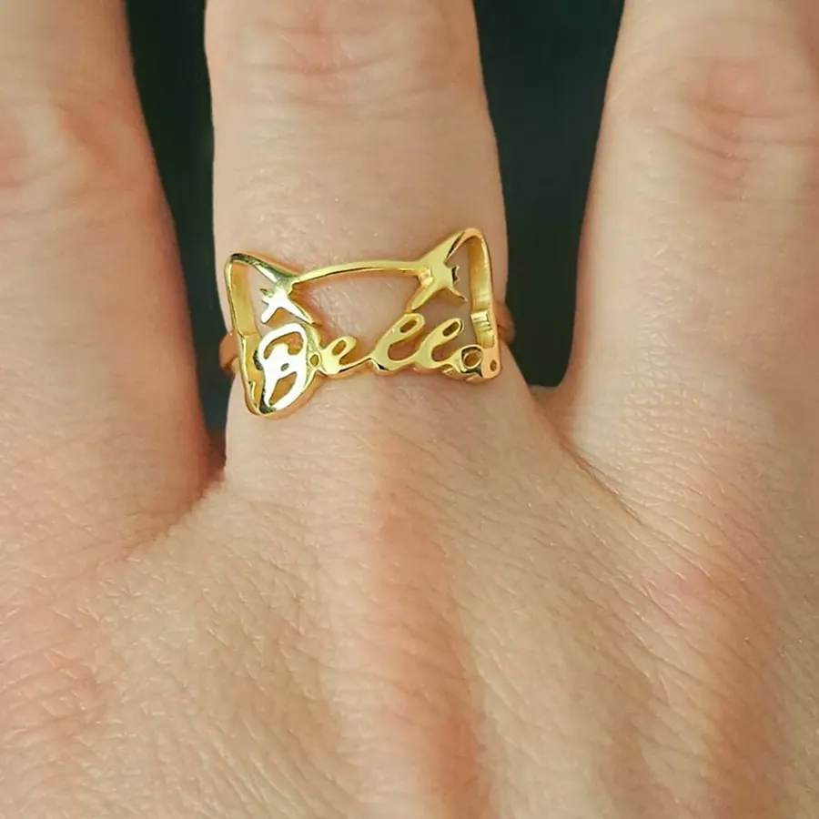 Authentic Personalized Dog Name Ring Custom Dog Ears Ring Pet Lover Jewelry Memorial Gift for Women Men Dog Outline Anillos