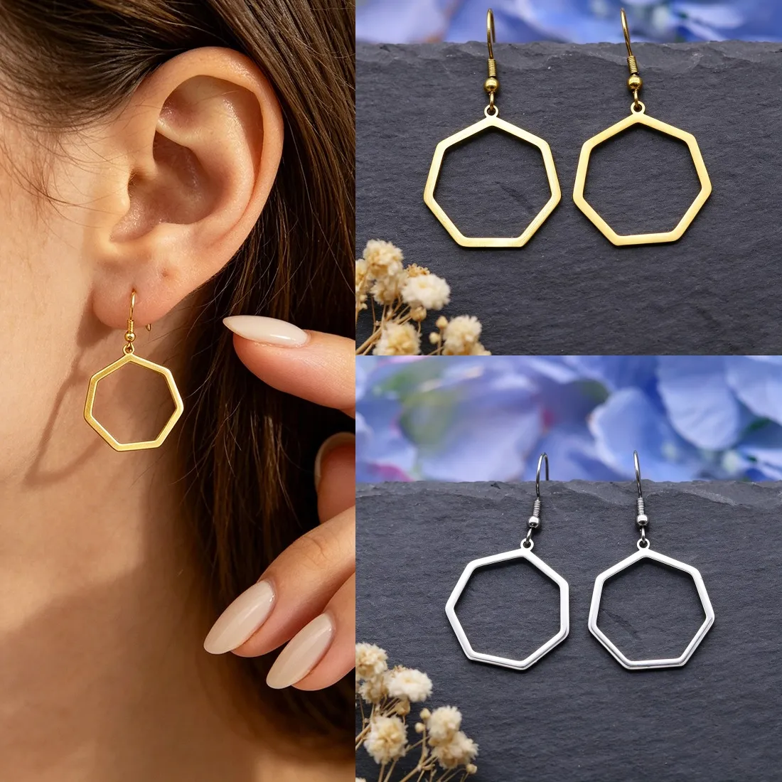 Authentic Chandler 2 Colors Stainless Steel Hollow Heptagon Earrings Vintage Minimalist Outline Dangle Statement Jewelry Gift for Women
