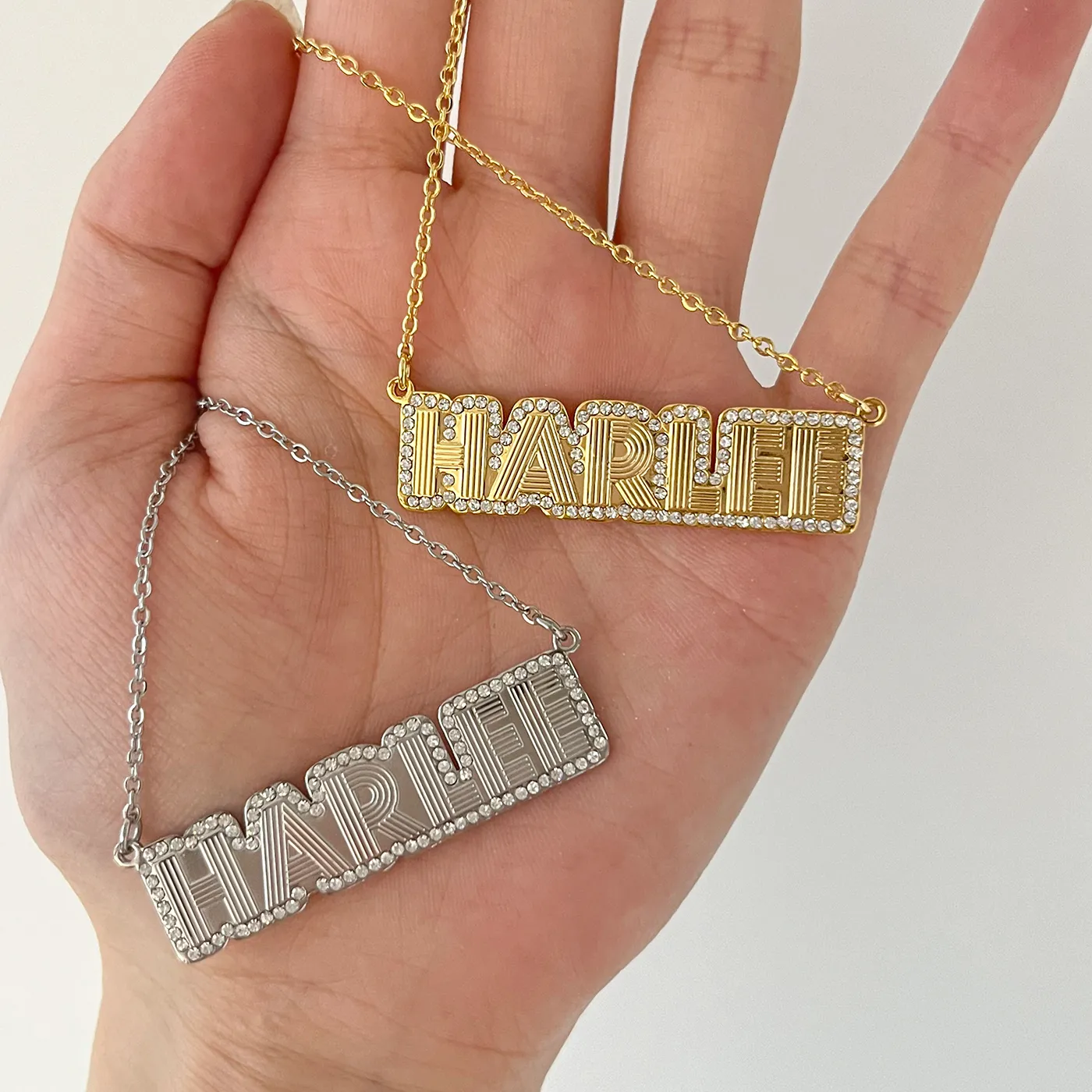 Authentic PAVE OUTLINE FLUTED NAME NECKLACE Custom Block Letter Name Necklace Filled Curb Chain Design Perfect Gift for Her