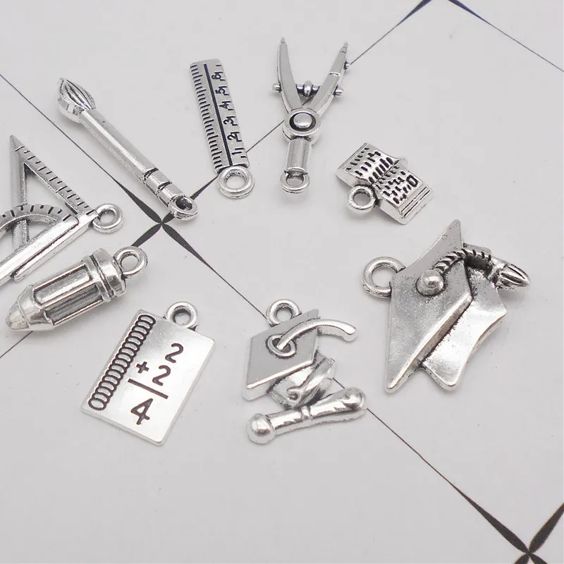 Authentic 18PCS Zinc Alloy Student Stationery Charms School Pencil Book Ruler Compass Graduate Cap Pendant Crafts Jewelry Making Accessory