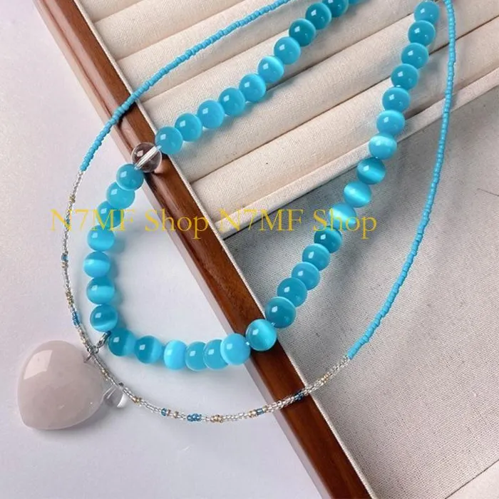 Authentic N7MF Handcraft Blue Cats Eye Stone Heart Necklace Adds a Touch of Elegant Charm to Any Outfits for Stylish Women Wear