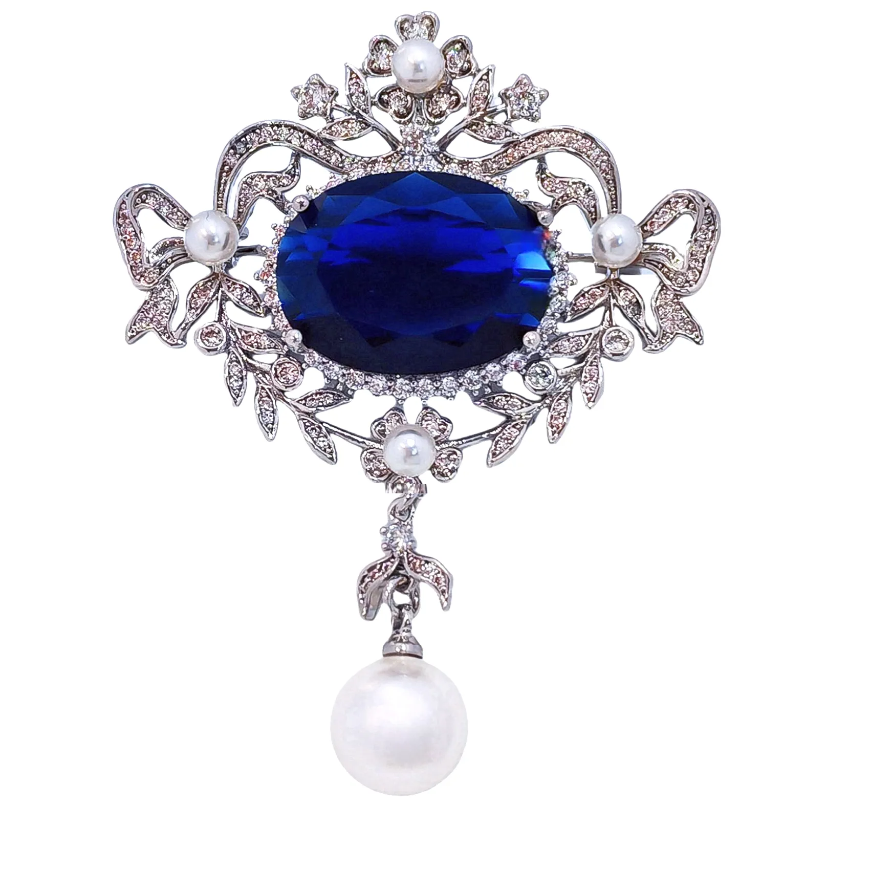 Authentic Oval Blue Main Stone Pendant Brooch – Courtly Vintage Design with Elegant Simulated Pearl Accents and Regal Touch