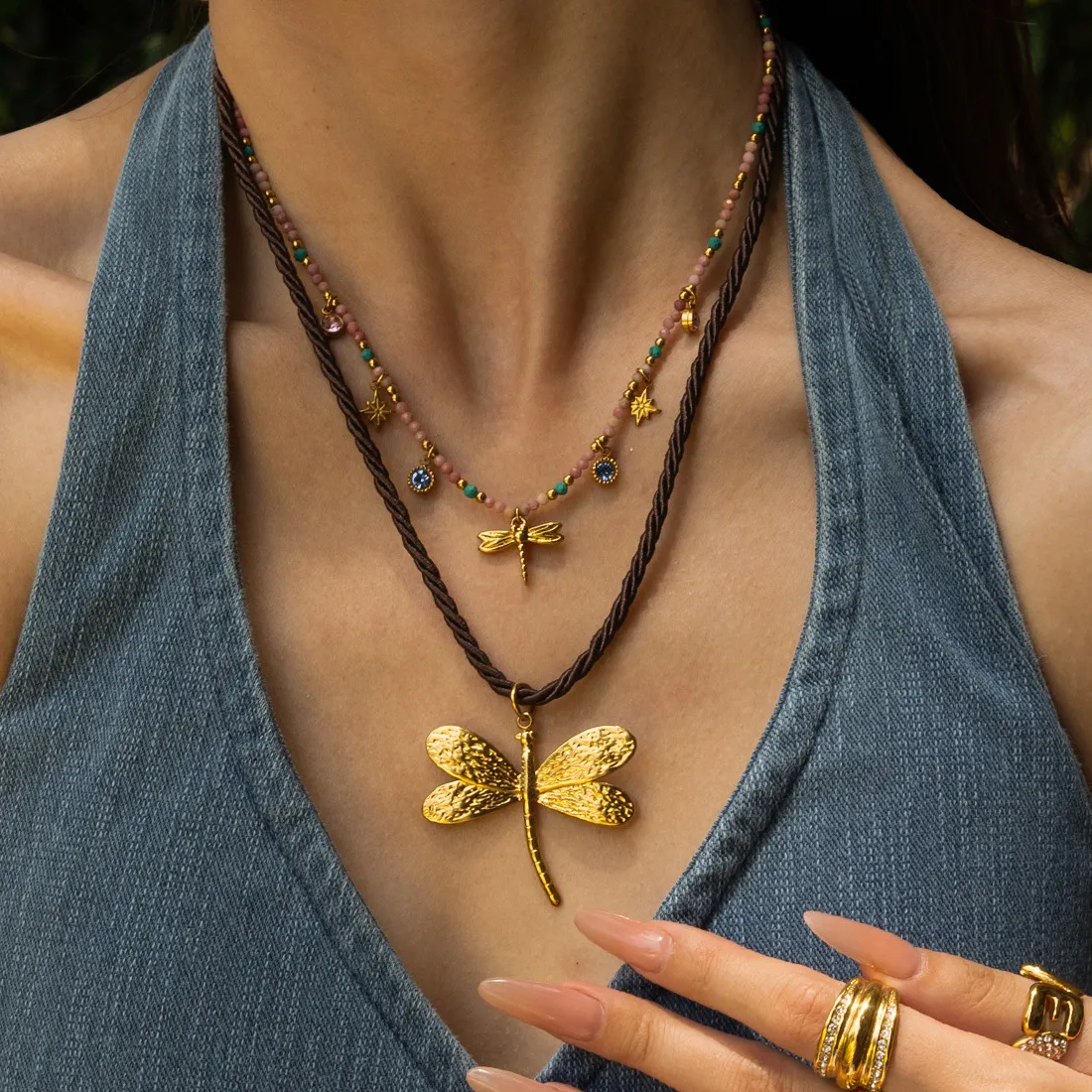 Authentic Rope braided dragonfly flower starfish necklaces for women stainless steel necklaces summer holiday outer banks jewelry