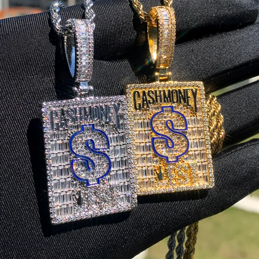 Authentic 2024 New Cash Money Pendant Necklace Gold Color Iced Out Bling CZ Cubic Zirconia Dollar Sign Charm Men Hip Hop Jewelry