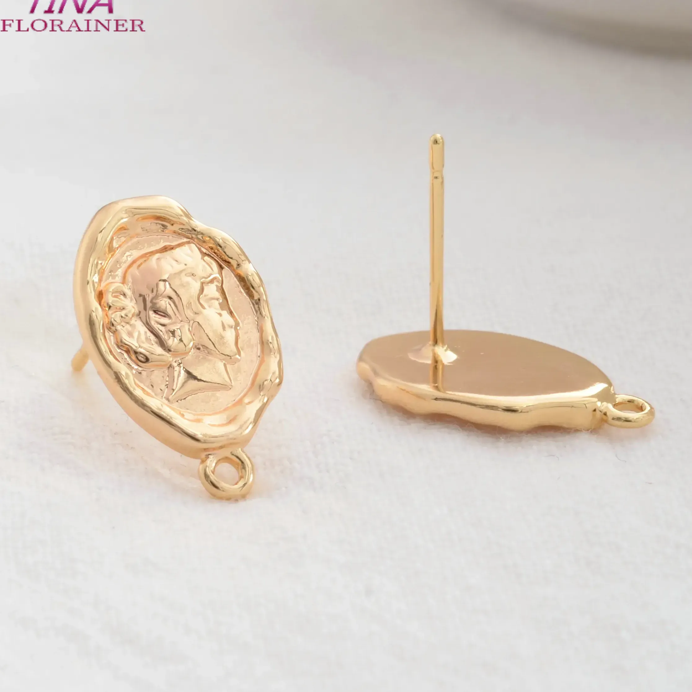 Authentic 6PCS 10*17MM 14K Real Gold Color Plted Brass  Queen Coin Stud Earrings Pins High Quality Diy Jewelry Findings Accessories
