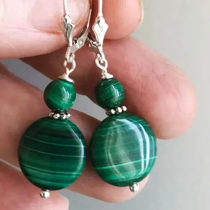 Authentic Malachite Greenstone Lever Back Coin Earrings, Real Malachite Beaded Bohemian Jewelry