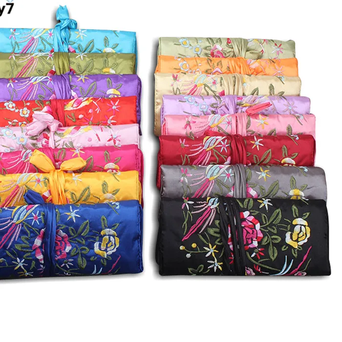 Authentic Embroidered Jewelry Storage Bag Chinese Wind Silk Jewelry Organizer Travel Pouch Ring Necklace Zipper Embroidery Bird Roll Bag