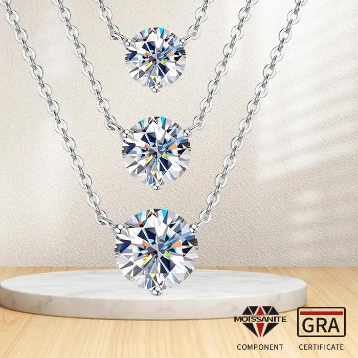 Authentic RAPRGOLD GRA Certified Solitaire Round Moissanite Pendant Necklace for Women S925 Sterling Silver Chains Wedding Jewelry Gifts