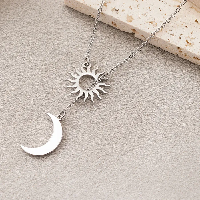 Authentic Huitan Novel Moon and Sun Pendant Necklace for Women Glossy 304 Neck Accessory Trendy Elegant Jewelry for Party