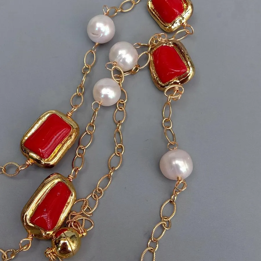 Authentic KKGEM gold plated chain 15x20mm Red Coral natural Freshwater Cultured White Pearl Statetion Long Necklace 30"
