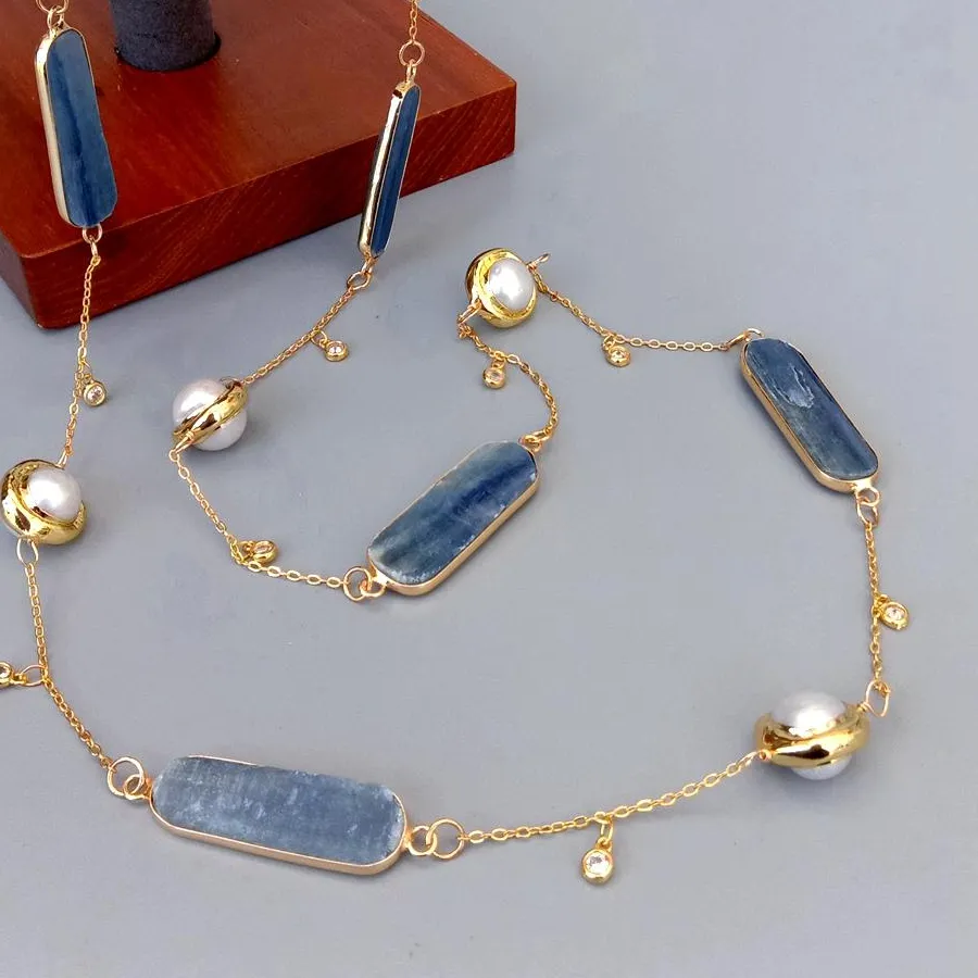 Authentic YYGEM  12x33mm Natural Blue Kyanite Connector  15mmWhite  Freshwater Cultured Pearl  Chain Long Necklace 18"