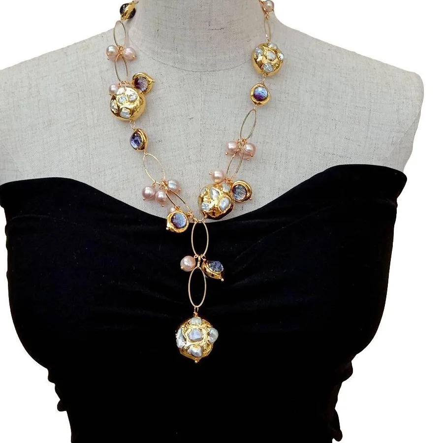 Authentic YYGEM Freshwater Cultured White Keshi Pearl Pink Pearl Purple Murano Glass Chain Pearl Y-Drop Necklace