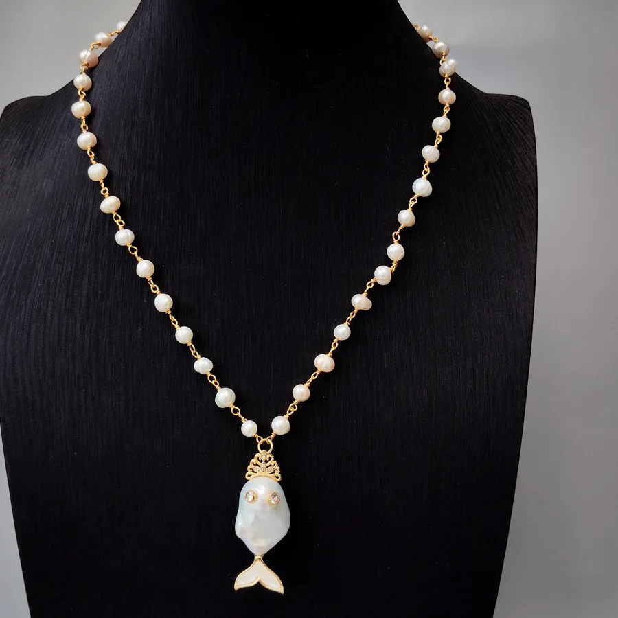 Authentic KKGEM Fish shape Cultured White Baroque Pearl Pendant Chokers Rosary Chain Necklaces