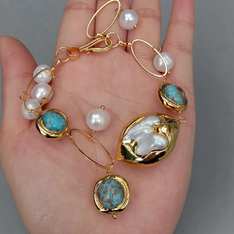 Authentic YYGEM Blue Murano Glass Gold Plated Mother Of Pearl Shell Cultured Pearl Bracelet Women Jewelry