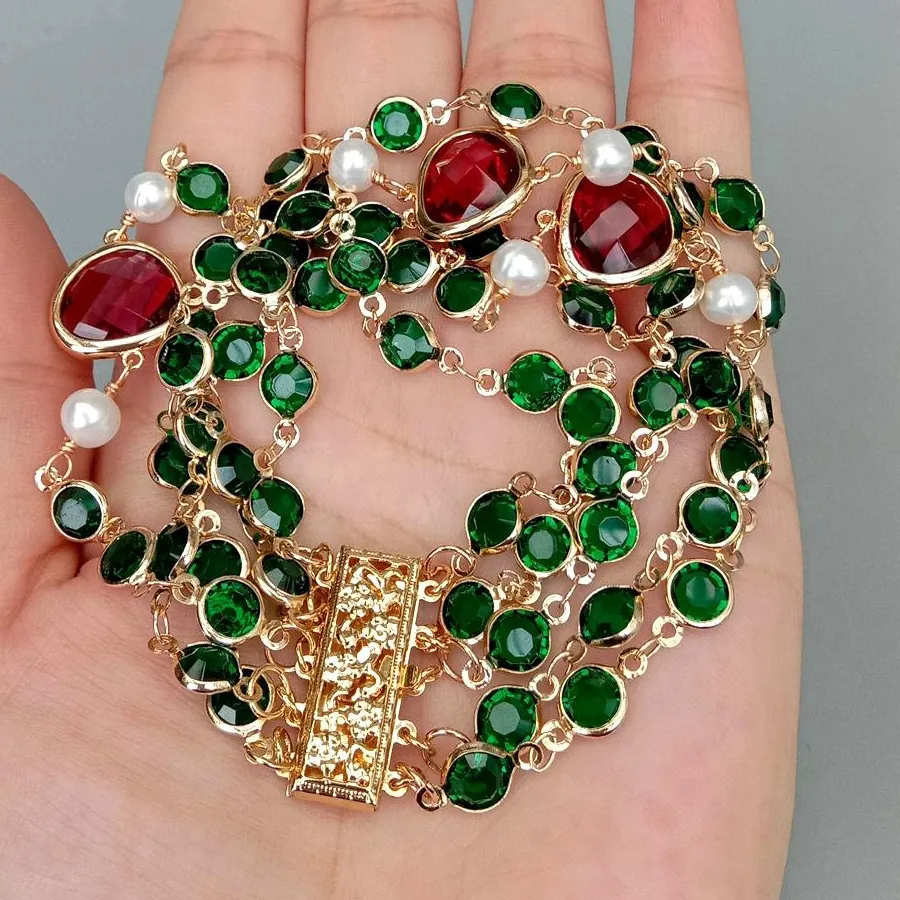 Authentic KKGEM 4 Strands Green Crystal Cultured White Pearl Rosary Chain Bracelet Beaded Jewelry