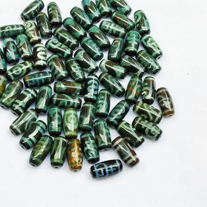 Authentic 50Pcs/Lot of ancient Xizang Cultural Symbols Green Leather Vermilion Agate Dzi Beads Amulet Jewelry Accessories for Men&Women
