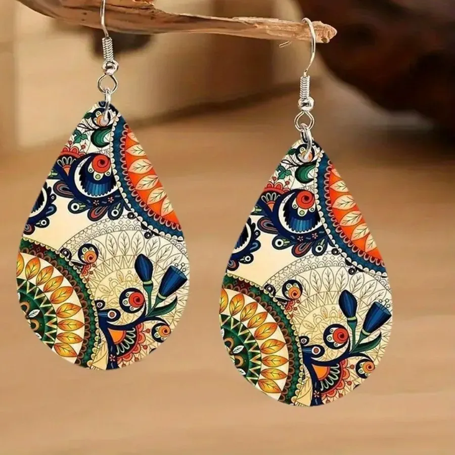 Authentic Temperament Bohemian Ethnic Style Wooden Water Drop Earrings Art and Culture Print Minimalist Dangle Earrings Jewelry Gift
