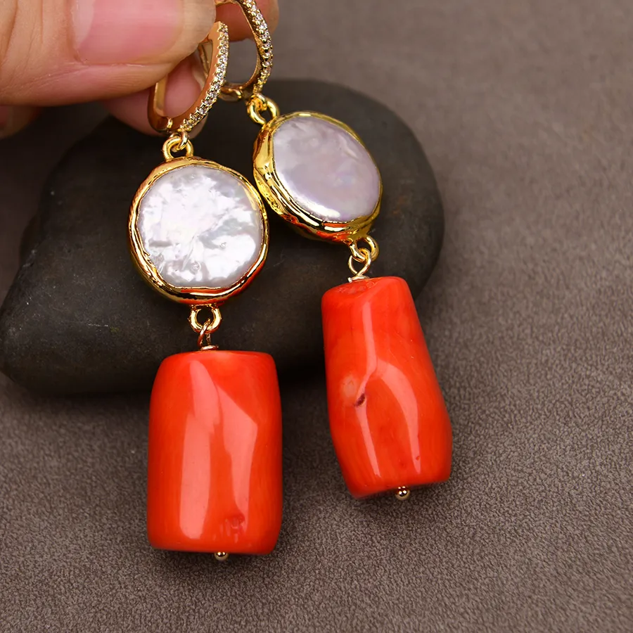 Authentic GG Natural Orange Coral Gold Plated Cultured White Coin Pearl Dangle Earrings CZ Zircon Hook Handmade Party Jewelry Gifts