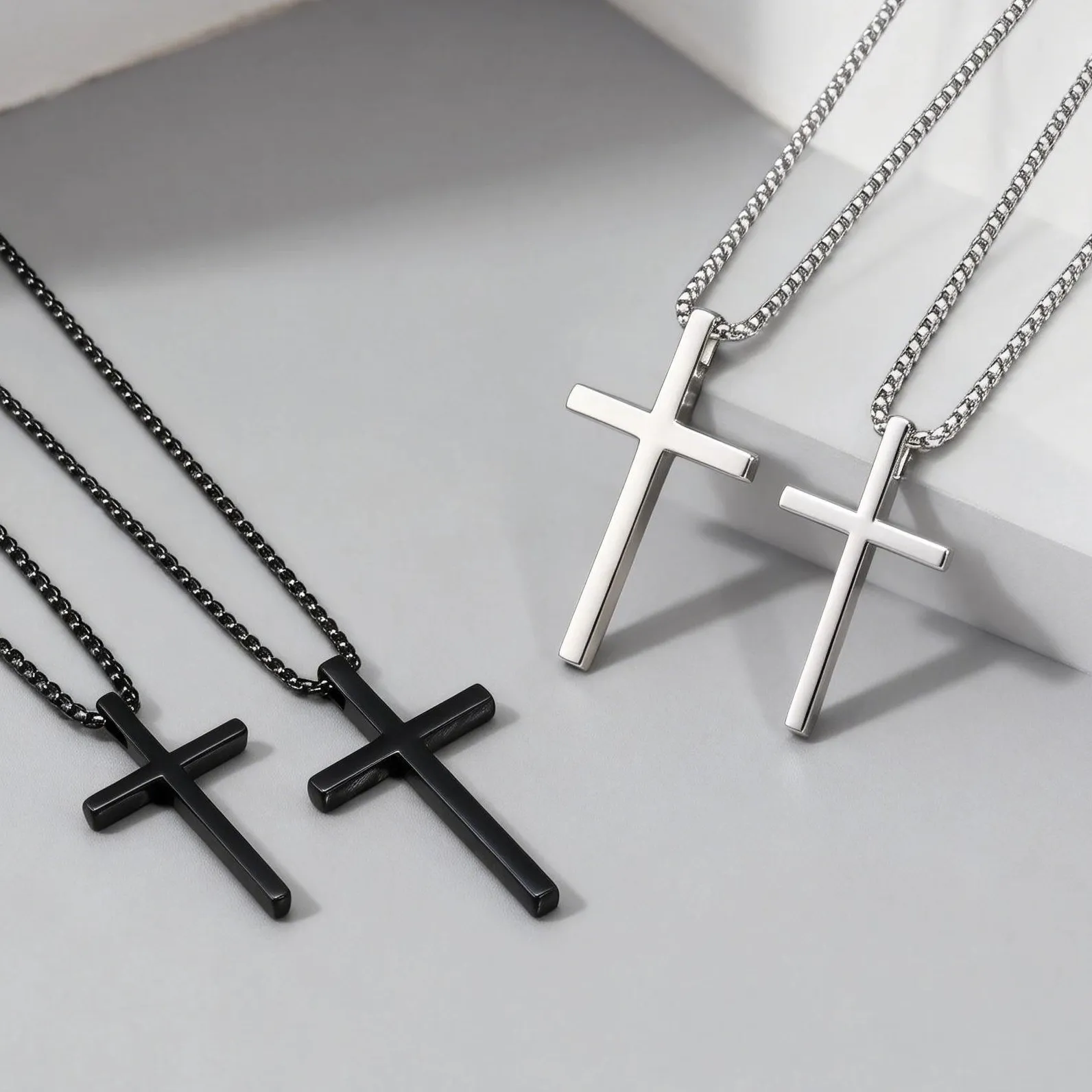 Authentic Trendy Christian Religion Necklace for Women & Men Stainless Steel Box Chain with Alloy Cross Pendant Fashionable Neck Collar