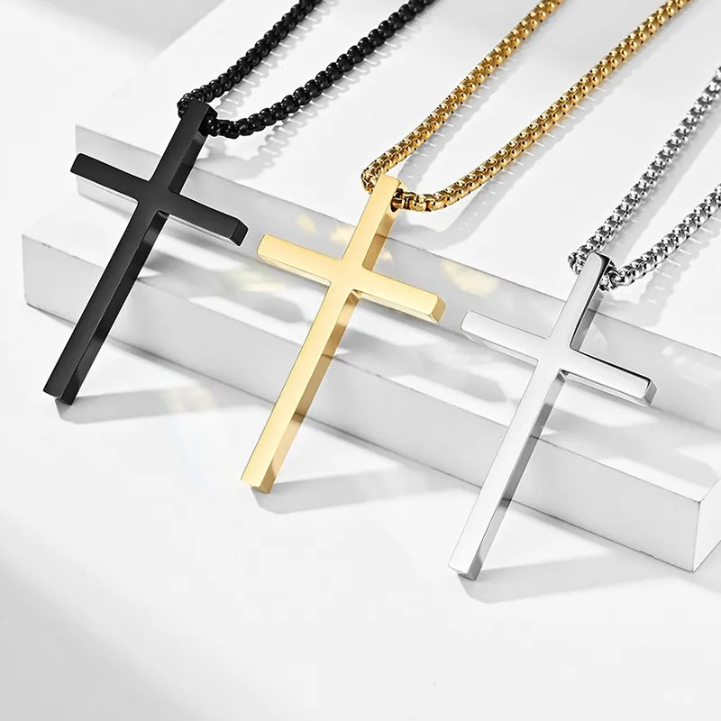 Authentic Punk Style Crucifix Pendant Titanium Steel Necklace Black/Gold/Silver Color Chain Non-Fading Religious Jewelry for Men and Women