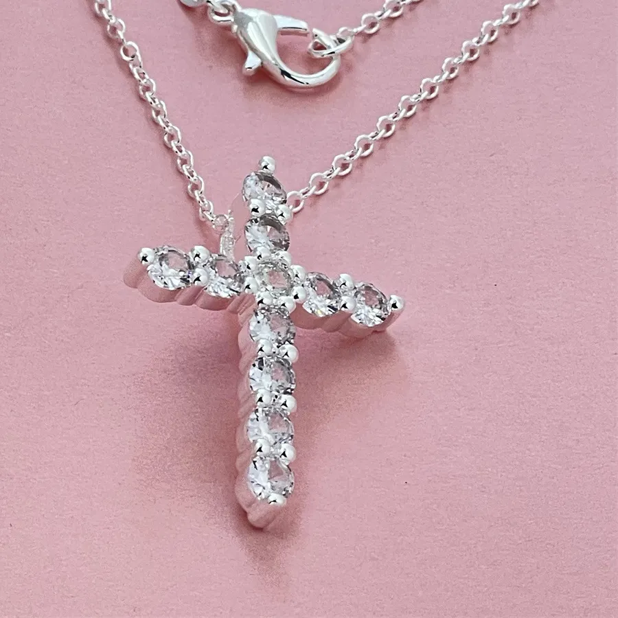 Authentic Faith Symbol 46-50CM Diamond Cross Pendant Necklace Silver & Gold S925 Sterling Silver Guardian Meaning Elegant Accessory