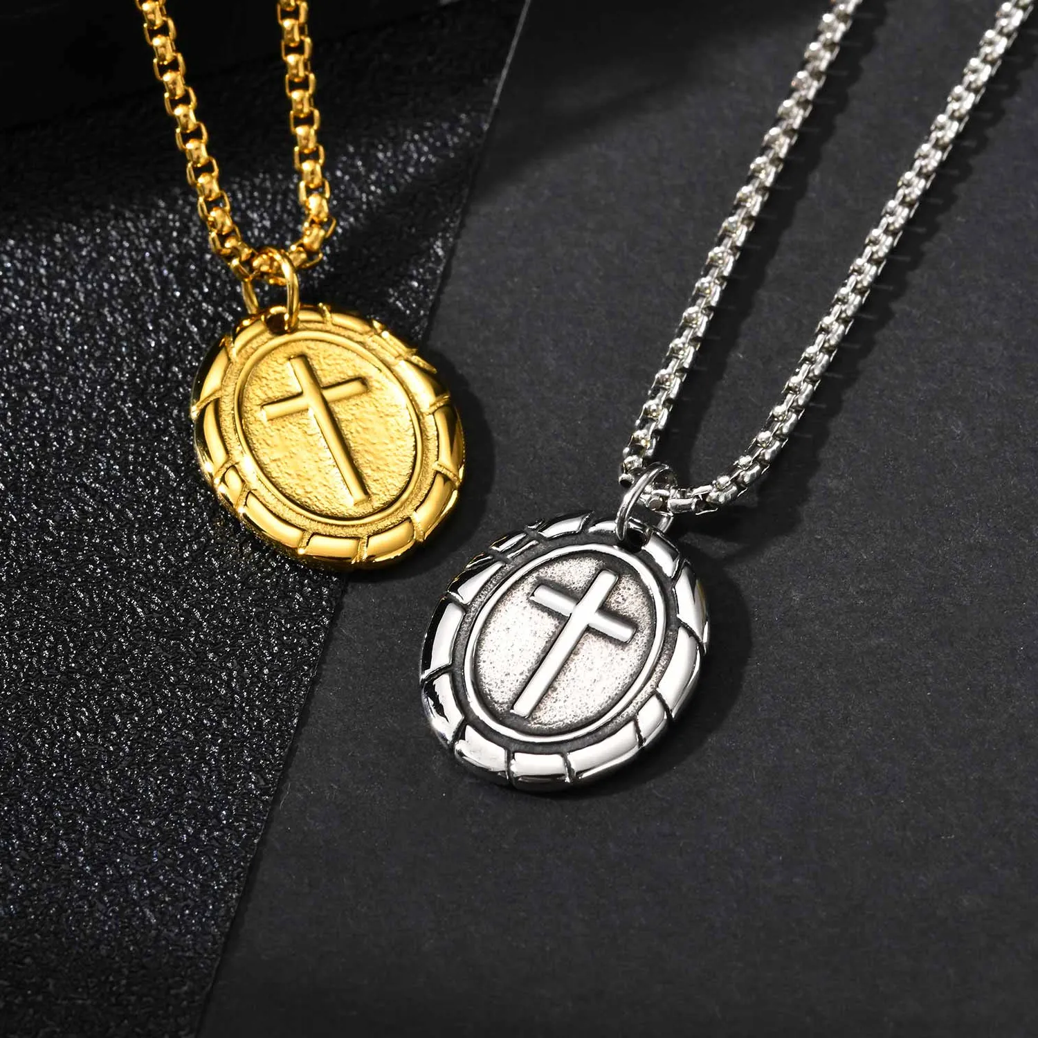 Authentic Vnox Oval Double Sided Cross Pendant Necklace for Men, Gold Silver Color Chain Necklace Religious Faith Collar