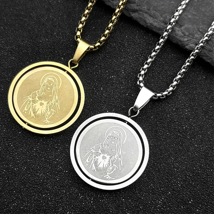 Authentic Catholicism Virgin Mary Heart Pendant Necklace for Women Men Stainless Steel Gold Silver Color Chain Necklaces Jewelry