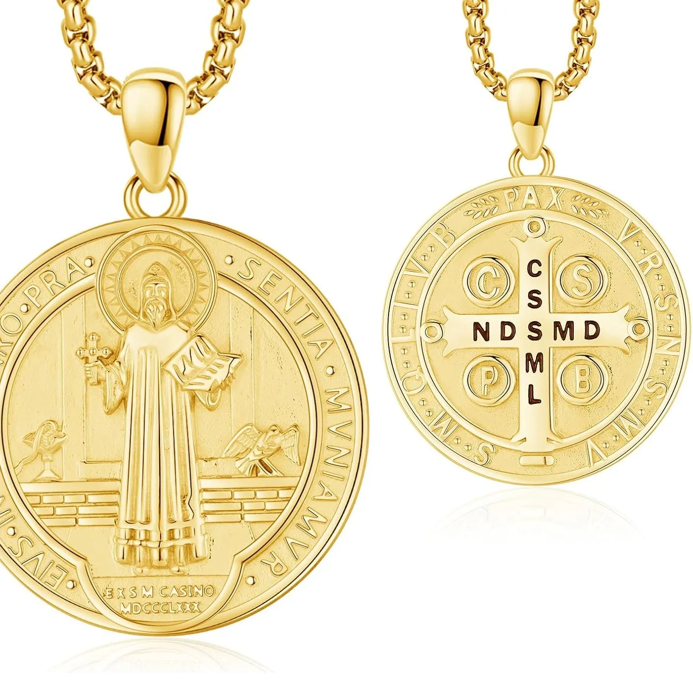 Authentic 18K Gold Plated St Benedict Necklace 925 Sterling Silver Saint Benedict Cross Medal Necklace Amulet Jewelry for Men Women