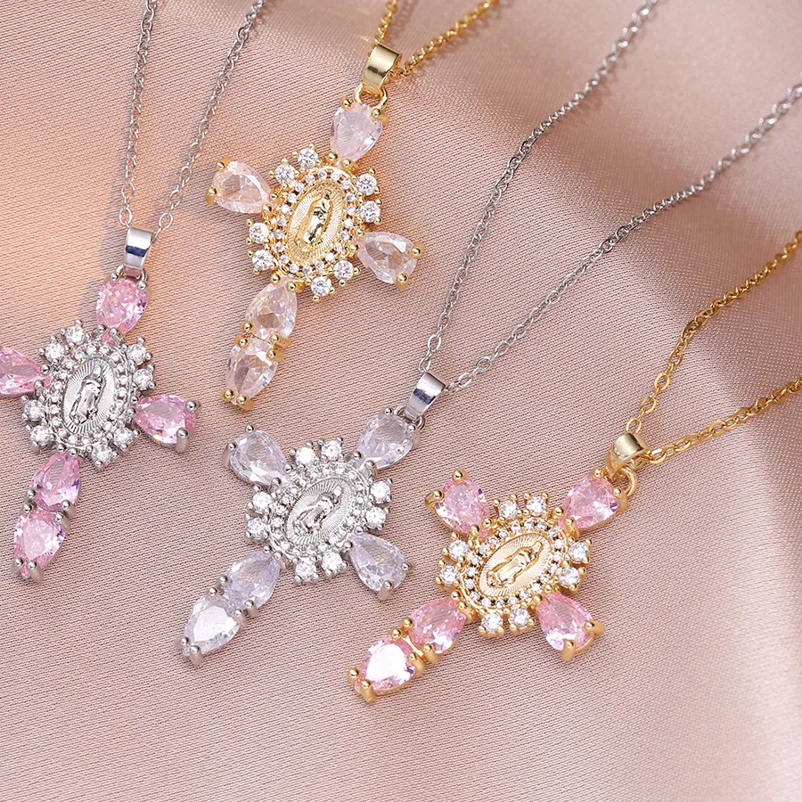 Authentic Pink Crystal White Zircon Cross Pendant Necklaces For Women Men Vintage Gold Silver Color Stainless Steel Chain Jewelry Gifts