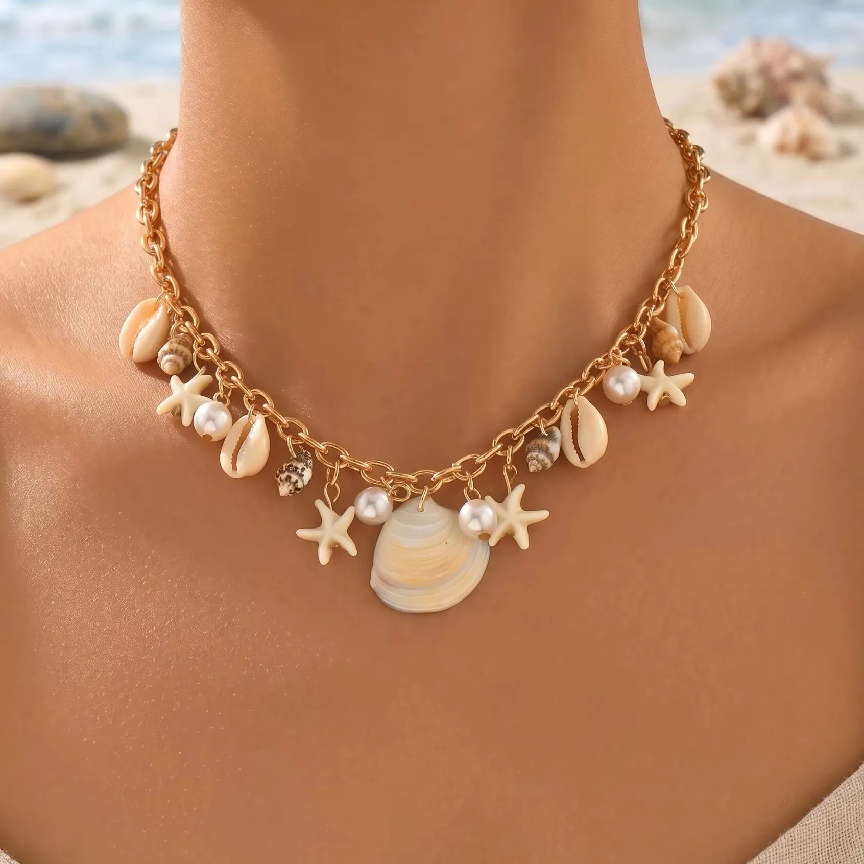 Authentic Women's Dainty Gold Choker Necklace Shell Cowrie Starfish Imitate Pearl Pendant Boho Summer Beach Vacation Daily Jewelry