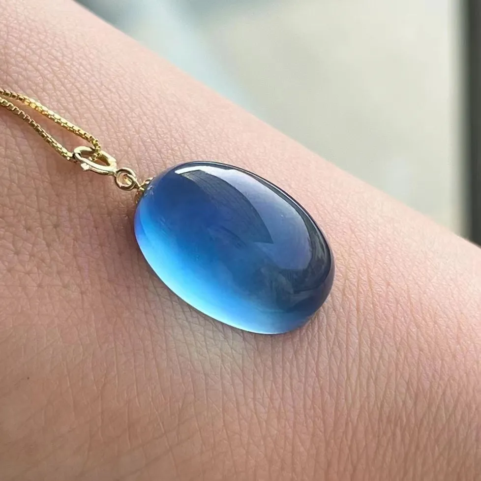 Authentic Natural Blue Aquamarine Quartz Oval Pendant Brazil 20.1*13.3mm Jewelry 18K Gold Aquamarine Oval Necklace AAAAA