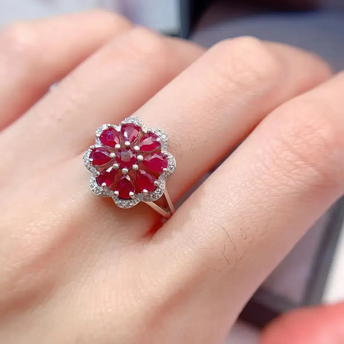 Authentic Nnatural Ruby Jewelry for Woman Natural Ruby 9 pieces 3mm*4mm 925 Silver9 Ring for Office Woman 3 Layers 18K Gold Plating