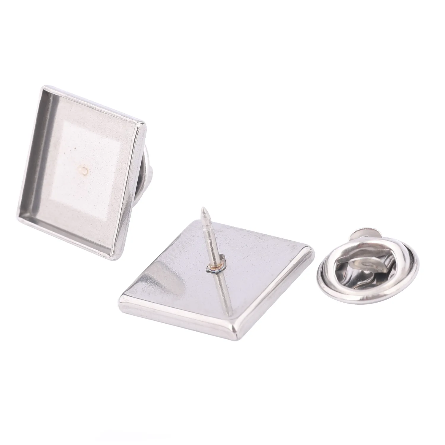 Authentic 10pcs  Stainless Steel Fit 15mm Square Cabochon Brooch Pin Base Blanks Diy Brooches Bezel Settings For Jewelry Making