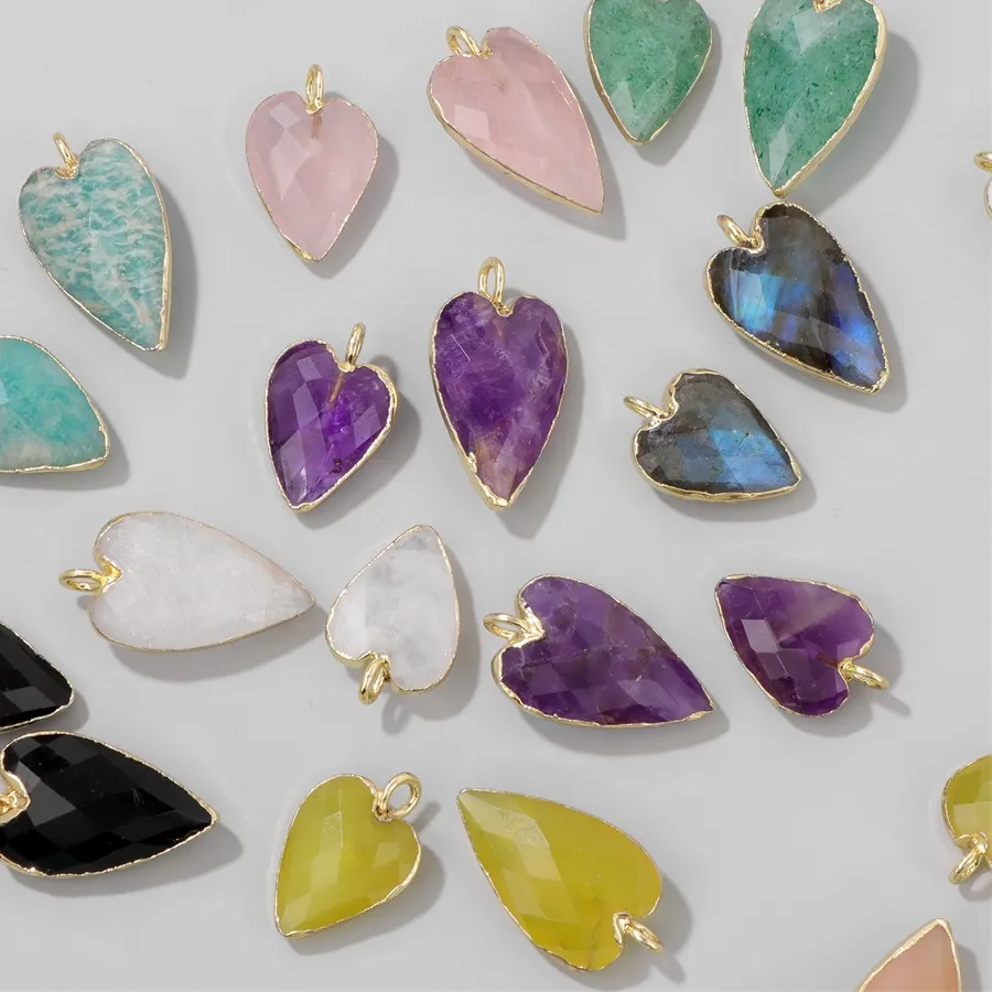 Authentic 2PCS Faceted Heart Stone Pendant Natural Amazonite Amethysts Sunstone Charm For Jewelry Making DIY Necklace Bracelets