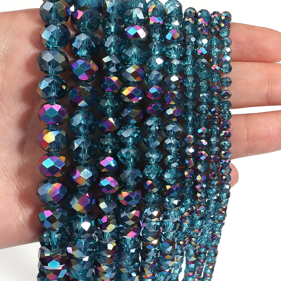 Authentic 1 Strand 3 4 6 8 10mm Faceted Crystal Beads Peacock Blue Rondelle Flat Glass Loose Spacer Beads For Jewelry Making DIY Necklace