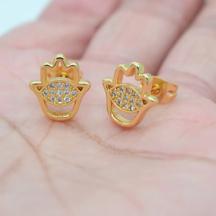 Authentic Fashion Gold Color Clear CZ Women Hamsa Hand & Evil Eye Stud Earrings Jewelry