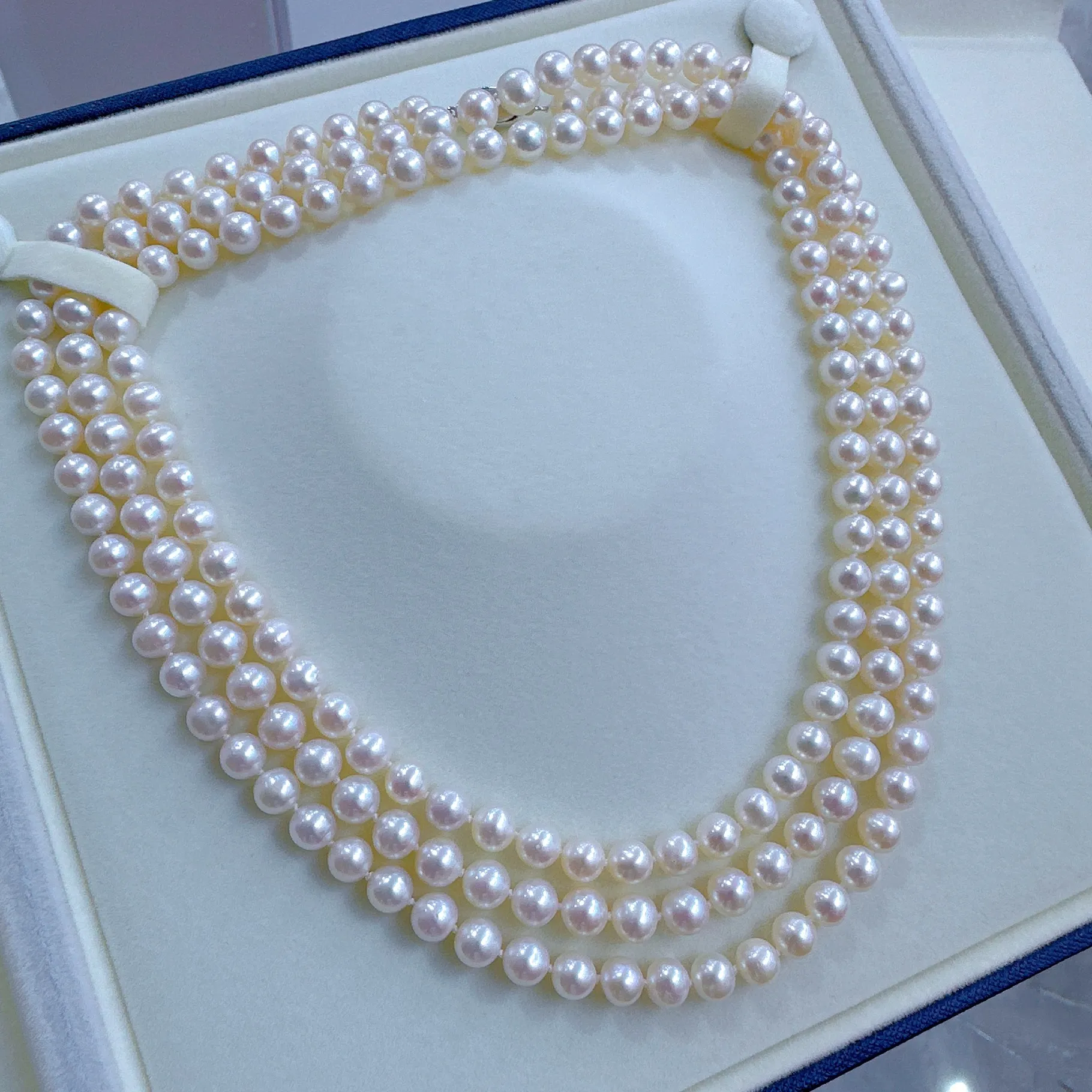 Authentic Beautiful Pearl Necklace Aaaa7- 8Mm Natural Round Japanese Pearl Necklace 925 Silver Length 130Cm