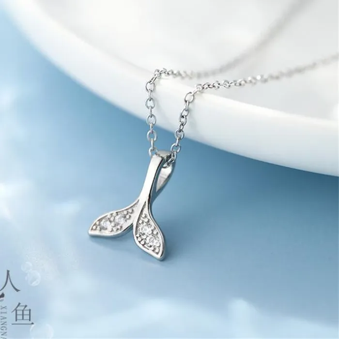 Authentic New Beautiful Crystal Mermaid 925 Sterling Silver Jewelry Temperament Sweet Fish Tail Clavicle Chain Pendant Necklaces  XL228