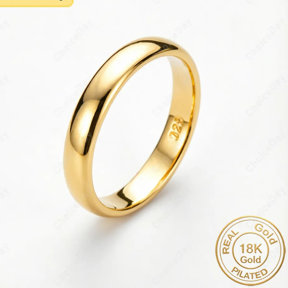 Authentic 18K Gold Plated Simple Classic Plain Ring, Fashionable Women's Wedding Party Gift Accessories Jewelry