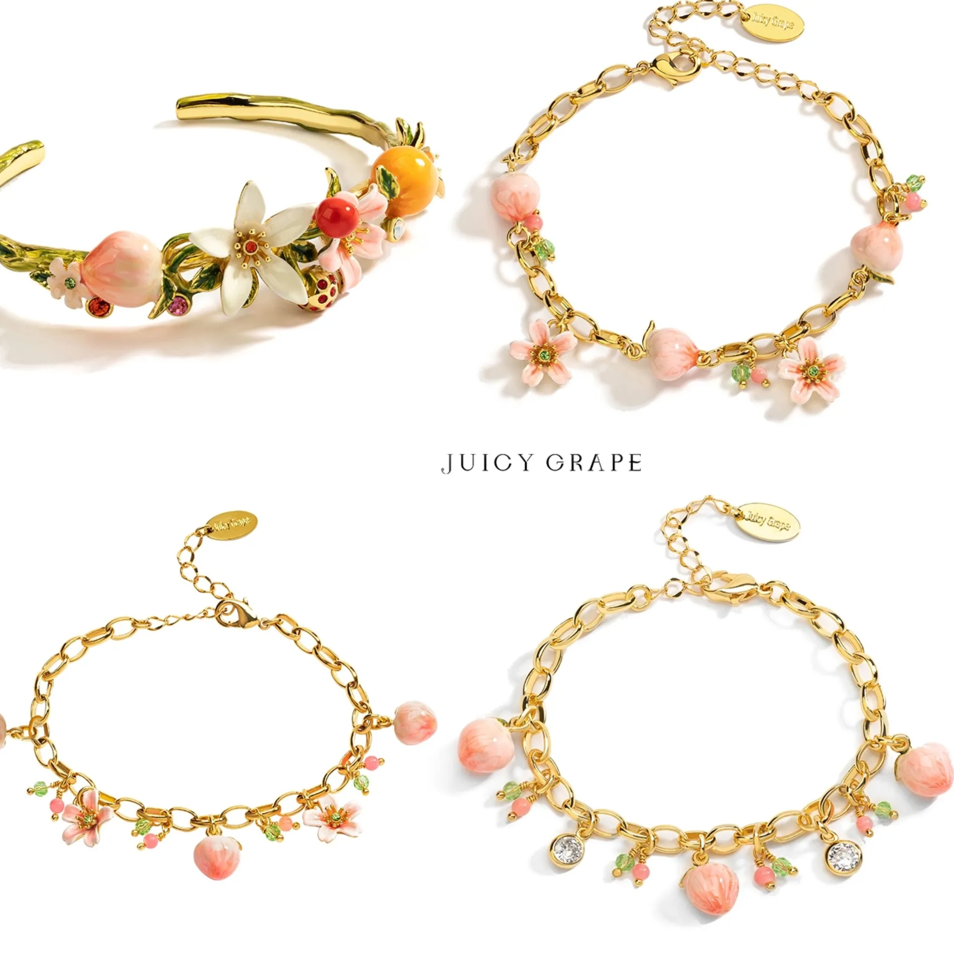 Authentic Juicy Grape Romantic Peach Bracelet Handmade Enamel Bracelet Enamel Peach & Flower Crystal Pendant Bracelet Jewelry Gift