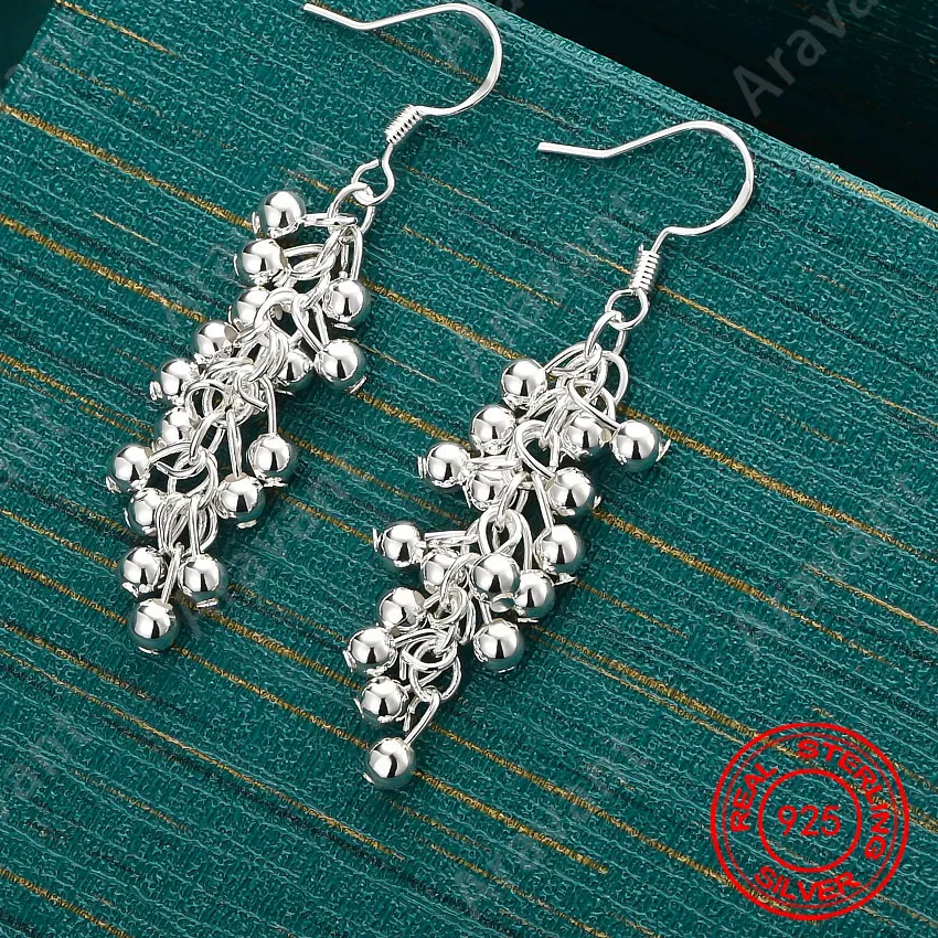 Authentic 925 Sterling Silver Long Smooth Grape Earrings, Delicate And Fresh Design, Women'S Engagement Jewelry