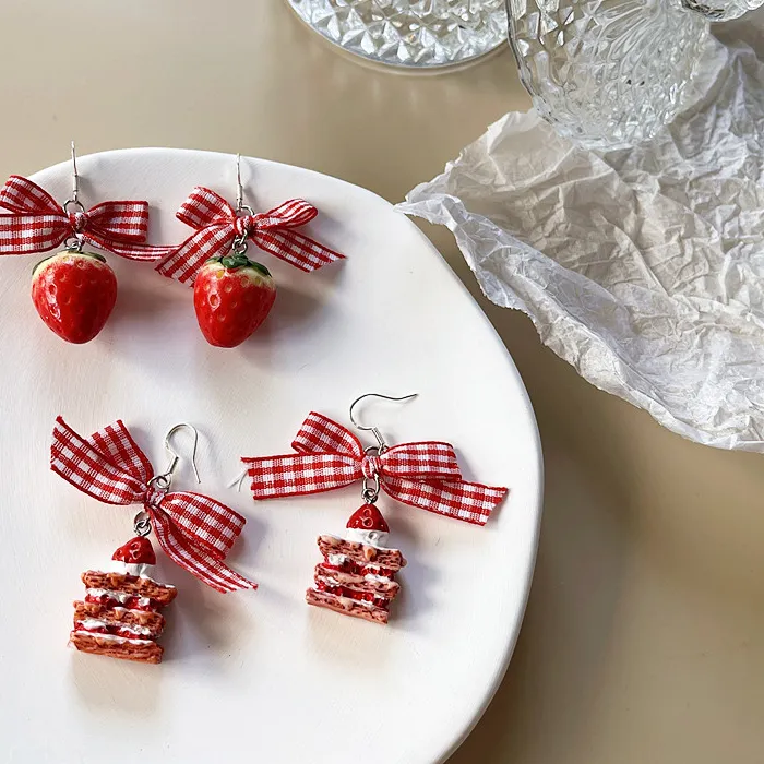 Authentic Korean Sweet Cute Strawberry Ribbon Bowknot Drop Earrings for Women Cute Fruit Cake Cup Dangle Earring Lovely Jewelry