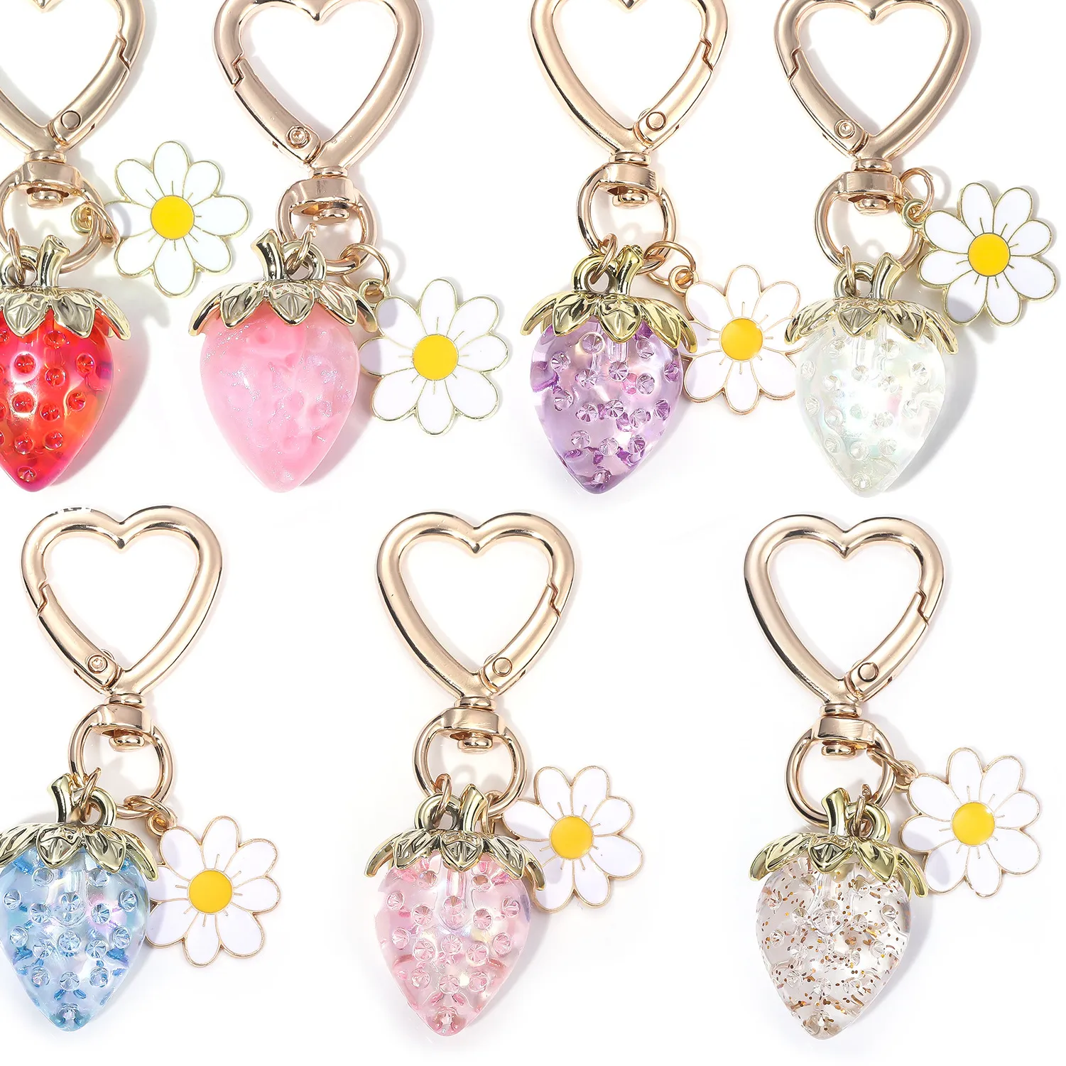 Authentic Cute Strawberry Bag Pendant Keychain Kawaii Heart Flower Daisy Key Chain for Women Girs Bag Purse Pendant Accessories