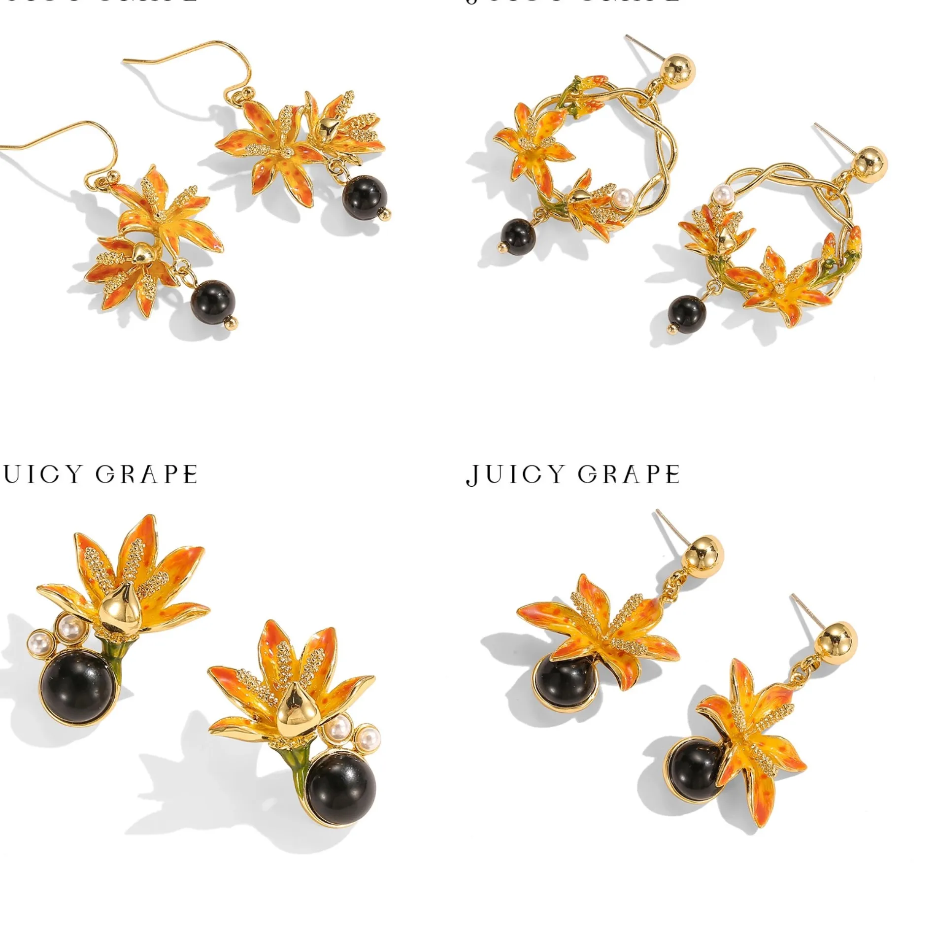 Authentic Juicy Grape Hand- Painted Enamel Earrings With Blackberry Lily Flower Design Black Onyx Pearl Floral Dangle Drop Jewelry For Wome