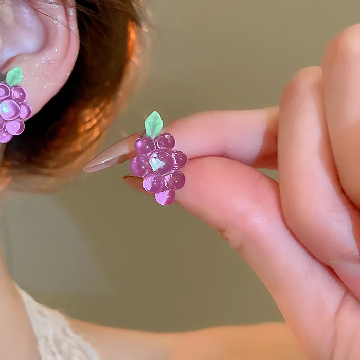 Authentic Simulated Jelly Succulent Grape Stud Earrings for Women Forest-style Fresh Resin Earring Versatile Jewelry Daily Wear B