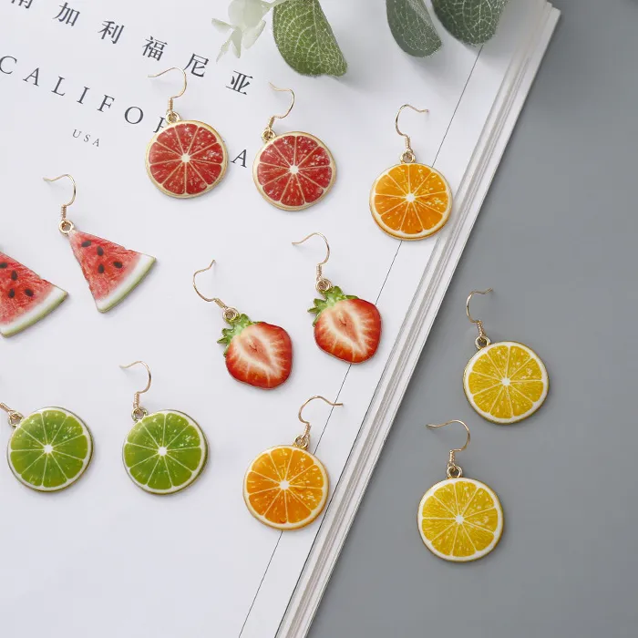 Authentic Cute Creative Fruit Food Dangle Watermelon Strawberry Kiwi Orange Metal Dangle Drop Earrings For Women Girl Party Jewelry