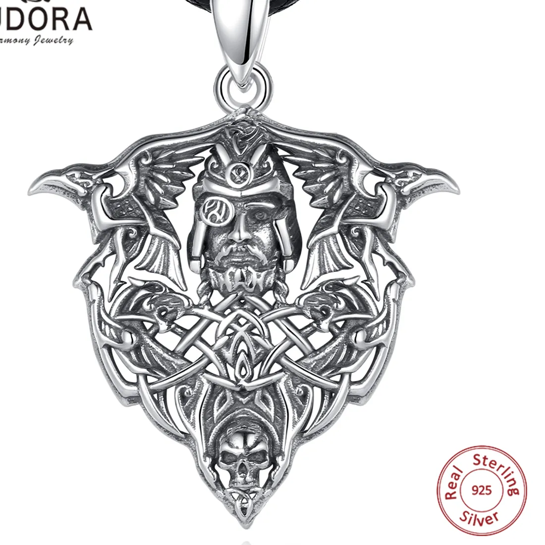 Authentic Eudora 925 Sterling Silver Viking Raven Wolf Necklace for Men Vintage Nordic Odin Warrior Skull Pendant Personality Jewelry