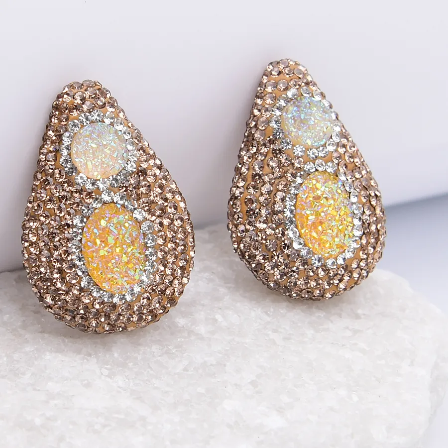 Authentic APDGG 27x39mm 5 Pcs Natural Yellow Quartz Golden Rhinestone Paved Teardrop Pendant Beads Jewelry DIY